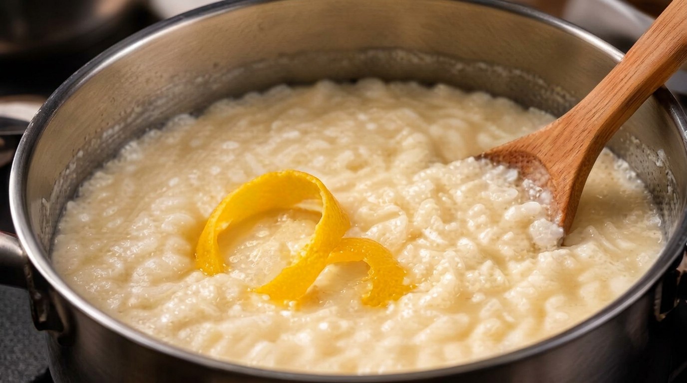 Paso 1: Cocer el arroz en la leche con una pizca de sal y la piel de limón a fuego suave durante 25-30 minutos, removiendo, hasta que esté cremoso. Retirar la piel de limón y dejar templar.