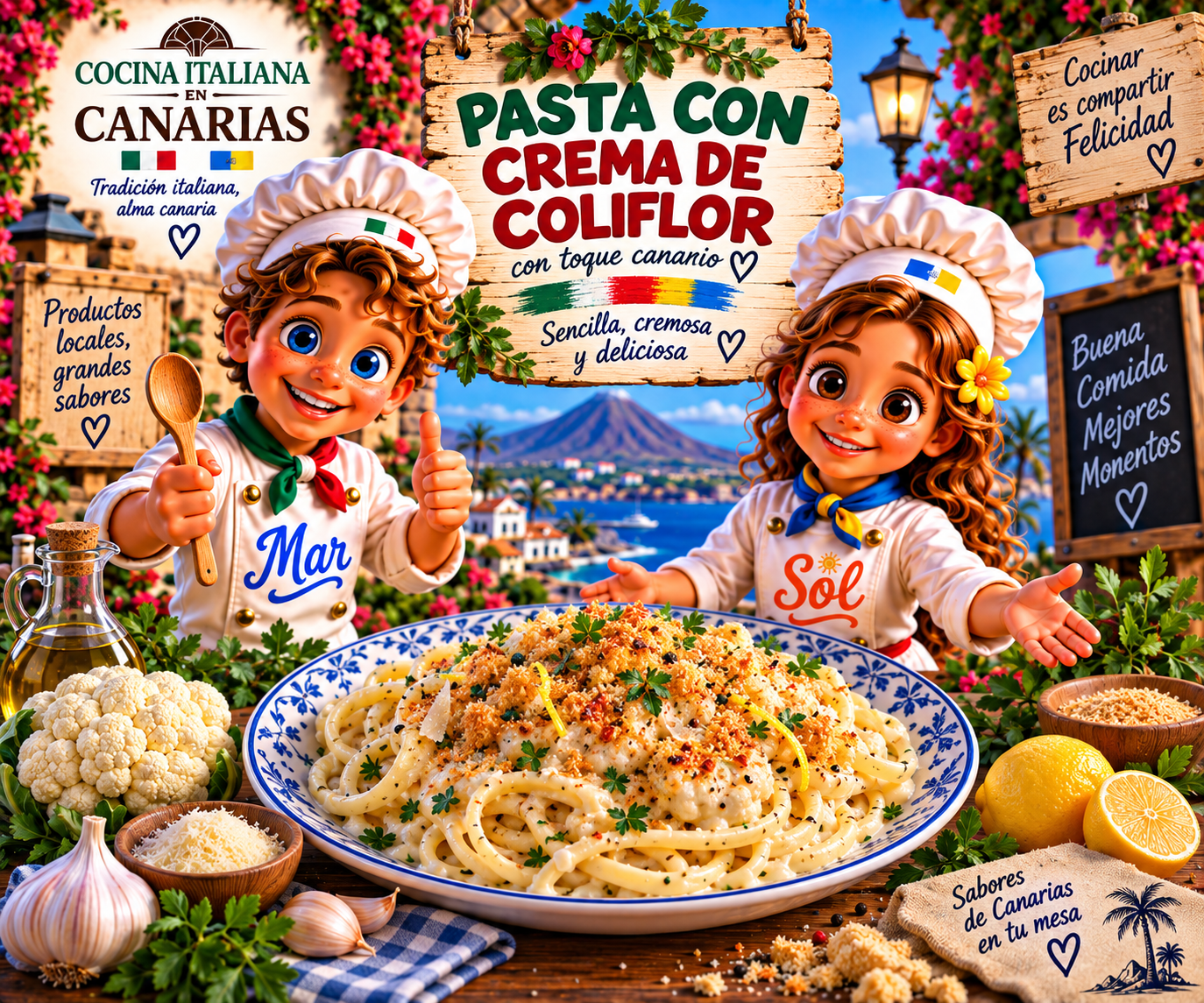 Pasta con crema de coliflor con toque canario con los chefs Sol y Mar