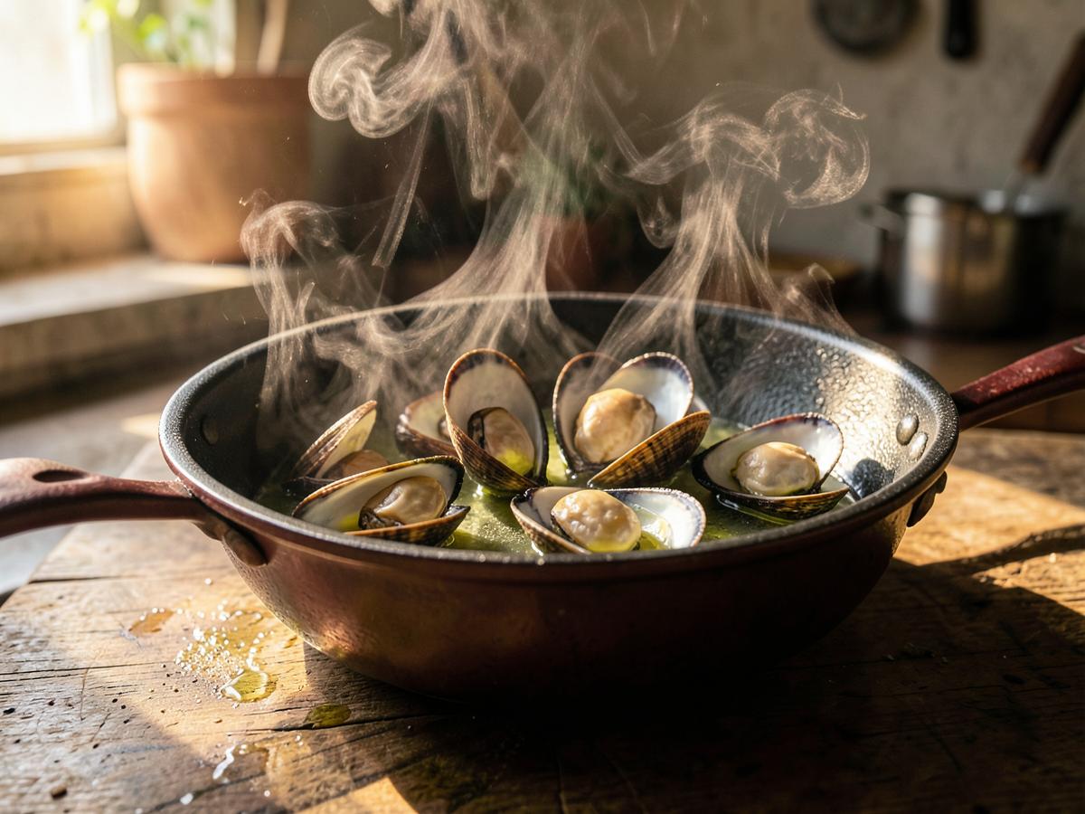 Paso 2: Abrir los mejillones y almejas. En una sartén, calienta un poco de aceite, añade los mejillones y las almejas, tapa y cocina hasta que se abran. Retira el marisco de las conchas y reserva el caldo filtrado.