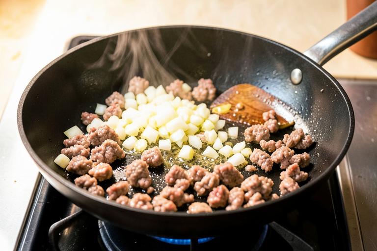Paso 1: Prepara el ragú: pocha la cebolla picada, añade la carne y dórala 5 minutos.