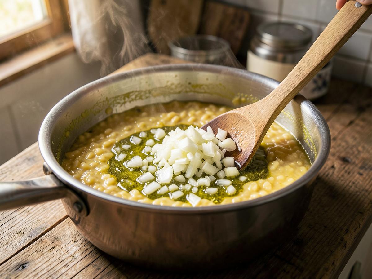 Paso 3: Sofreír la base. En una olla grande, calienta el aceite de oliva y sofríe la cebolla picada y los dientes de ajo hasta que estén dorados.