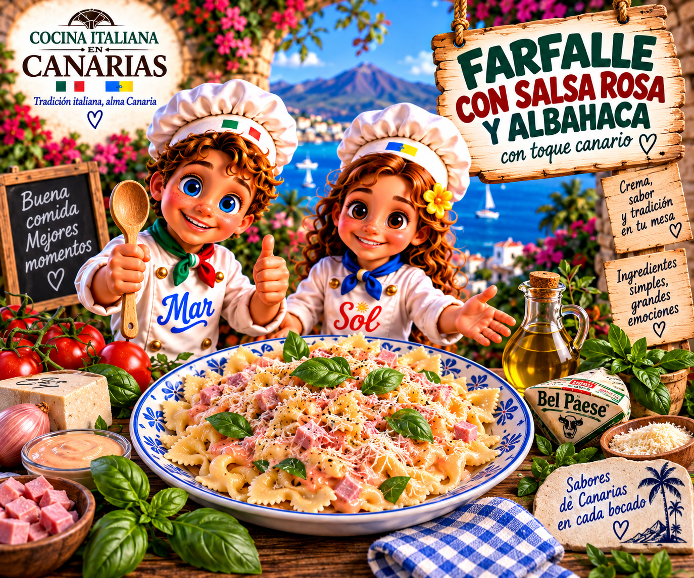 Farfalle con salsa rosa y albahaca con toque canario con los chefs Sol y Mar
