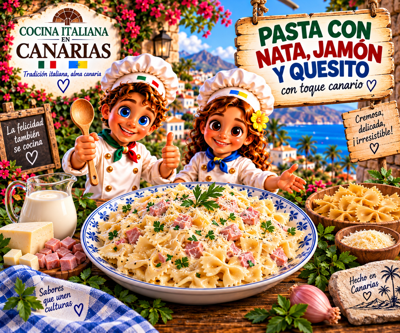 Pasta con nata, jamón y quesito con toque canario con los chefs Sol y Mar