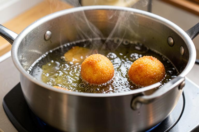Paso 8: Calienta el aceite a 175 °C y fríe los arancini por tandas de tres, 4-5 minutos, hasta que estén bien dorados.
