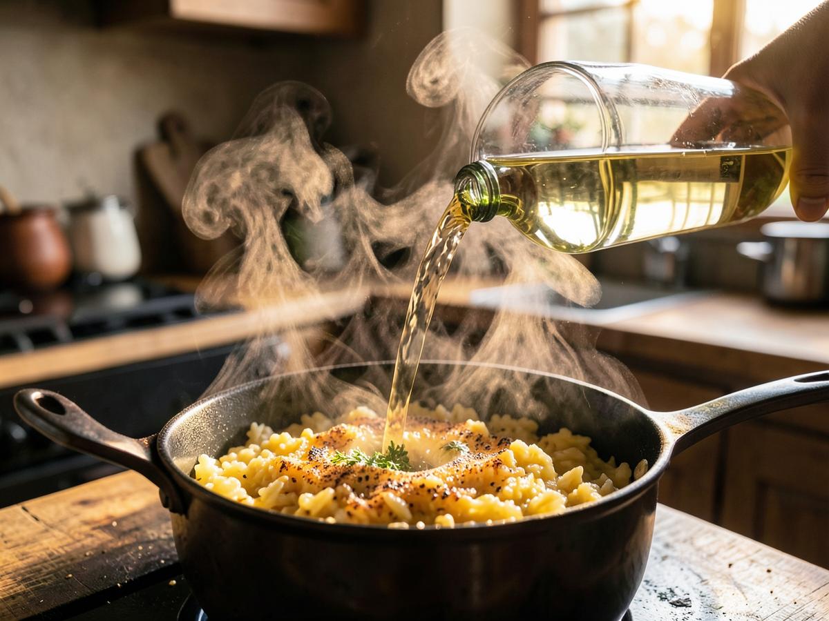 Paso 5: Desglasar con vino. Añade el vino blanco y deja que se evapore completamente el alcohol.