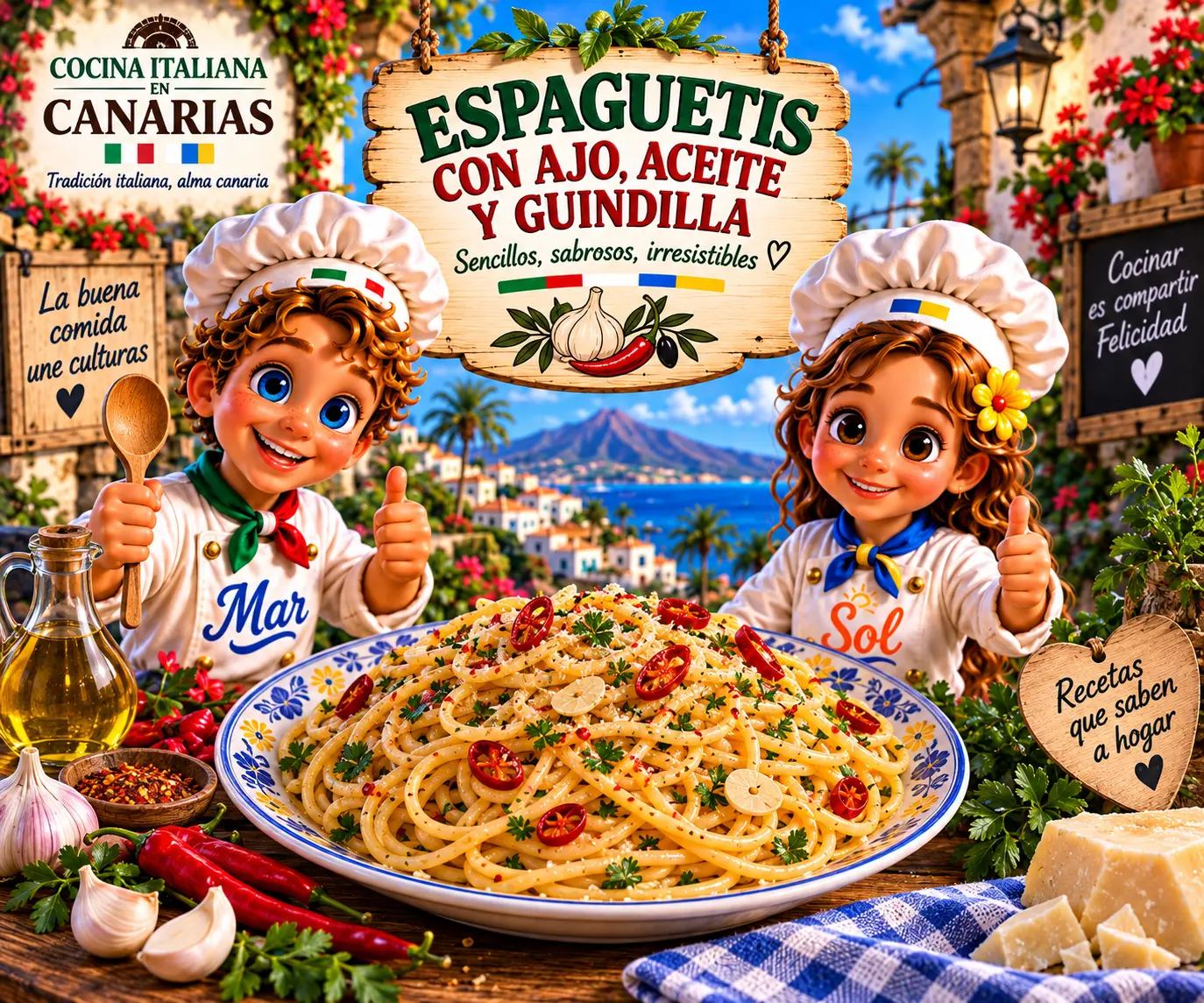Espaguetis con ajo, aceite y guindilla con los chefs Sol y Mar