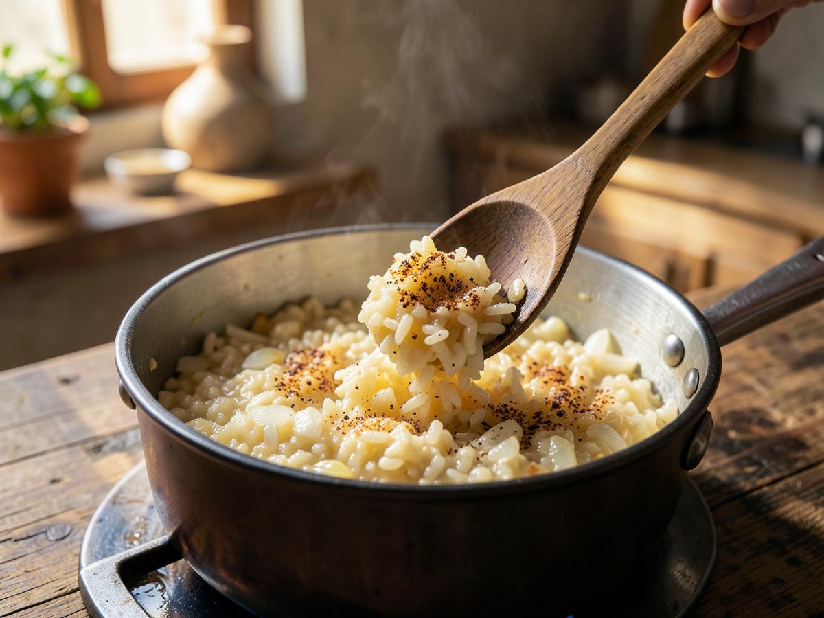 Paso 4: Añadir el arroz. Incorpora el arroz y tuéstalo durante unos minutos, removiendo constantemente.