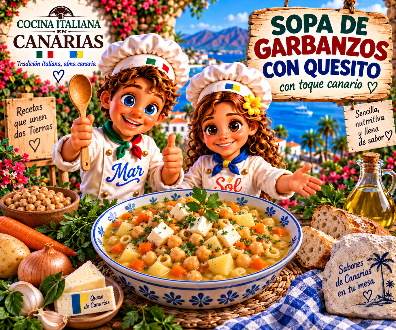 Sopa de garbanzos con quesito con toque canario con los chefs Sol y Mar
