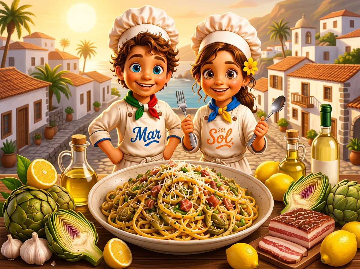 Linguinis con Alcachofas y Guanciale con los chefs Sol y Mar