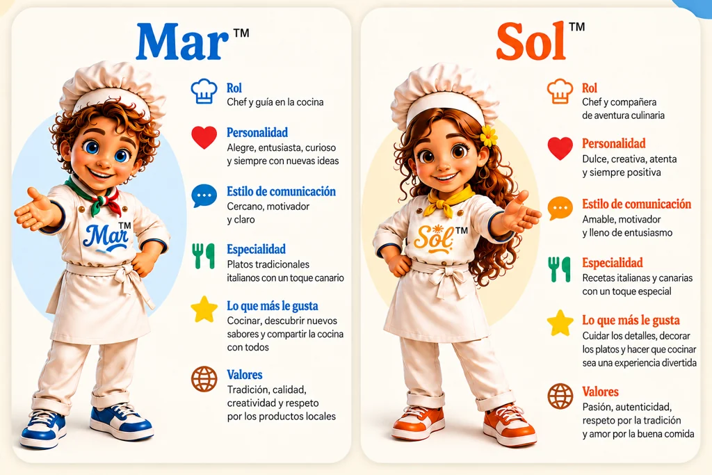 Mar y Sol con sus características: rol, personalidad, estilo de comunicación, especialidad, lo que más les gusta y valores