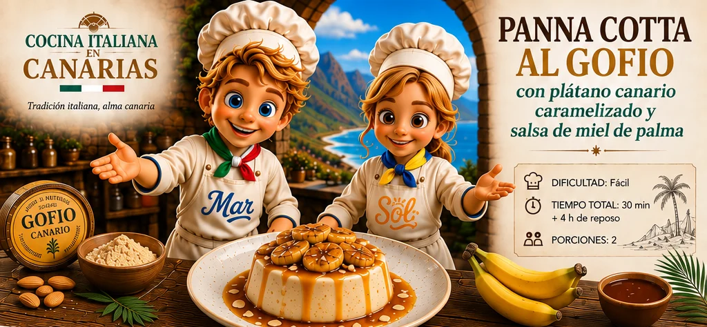 Panna Cotta al Gofio con plátano canario caramelizado y salsa de miel de palma con los chefs Sol y Mar