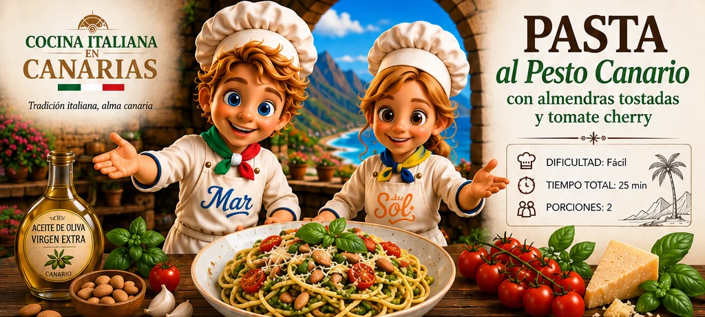 Pasta al Pesto Canario con almendras tostadas y tomate cherry con los chefs Sol y Mar