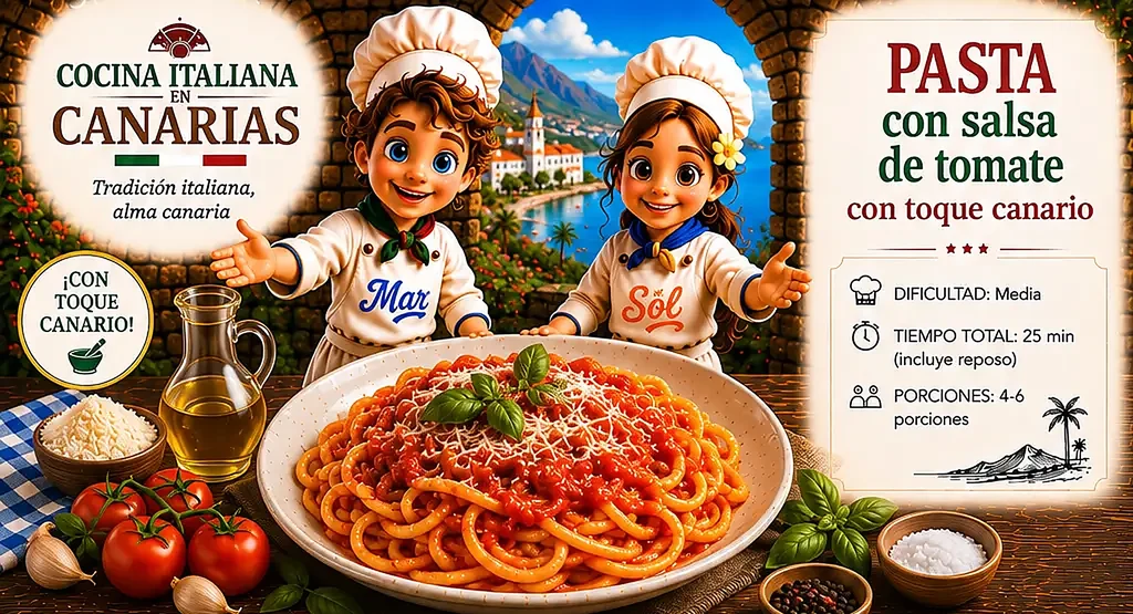 PASTA con salsa de tomate con toque canario con los chefs Sol y Mar